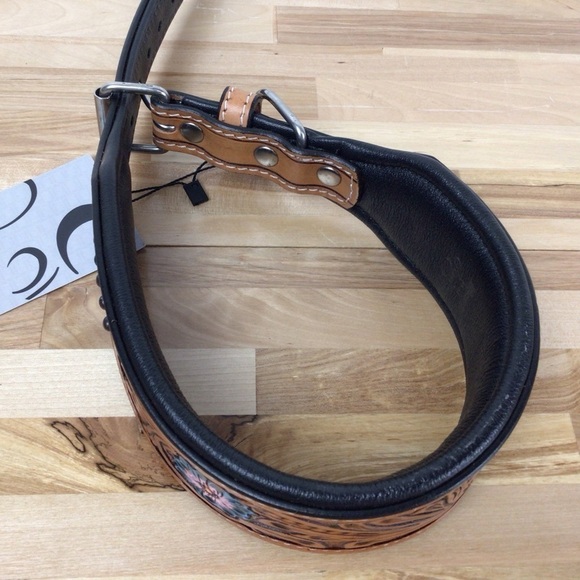 Mad Cow genuine leather western dog collar handmade brown turquoise pink studded - Picture 6 of 16